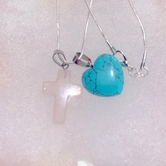 Hand Crafted Jewelry - Boho hippie Rose Quartz Crystal Cross & Turquoise heart Sterling Silver 16” N…